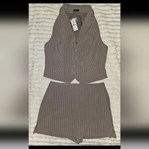 Express Brown Pinstripe Vest and Skirt Ensemble